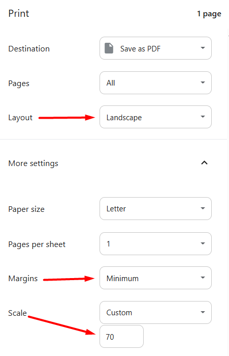 red arrows pointing to landscape layout, minimum margins, and custom scale settings in print dialog