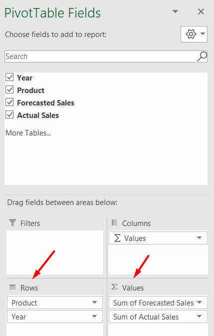 red arrows pointing to Rows and Values sections in PivotTable Fields panel
