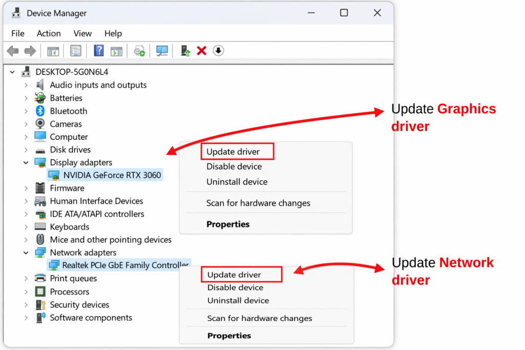red arrows pointing to “Update driver” option for graphics and network drivers in Device Manager
