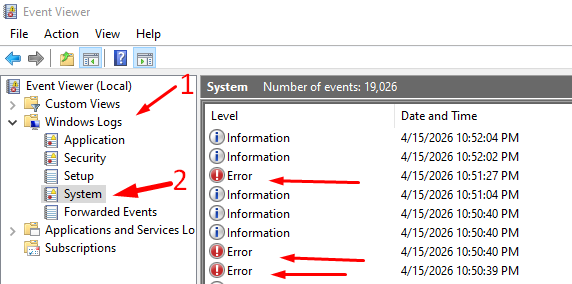 red arrows pointing to windows logs, system and error