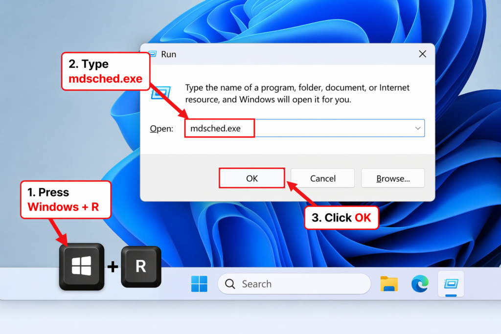 red arrows pointing to Windows + R shortcut, typing “mdsched.exe,” and clicking OK in Run dialog