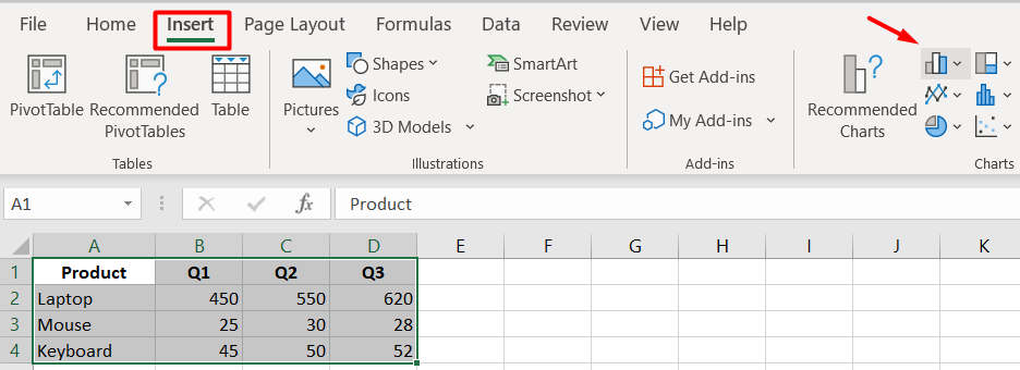 red box pointing to the Insert tab and red arrow pointing to the column chart