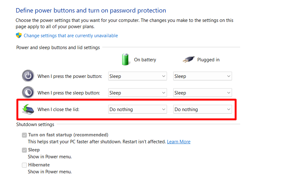 red rectangle highlighting “Do nothing” option for lid close action in Windows