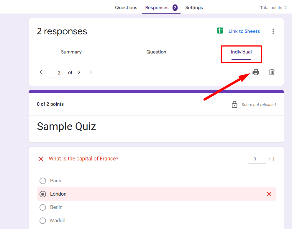 red rectangle highlighting Individual tab and red arrow pointing to print icon in Google Forms responses section