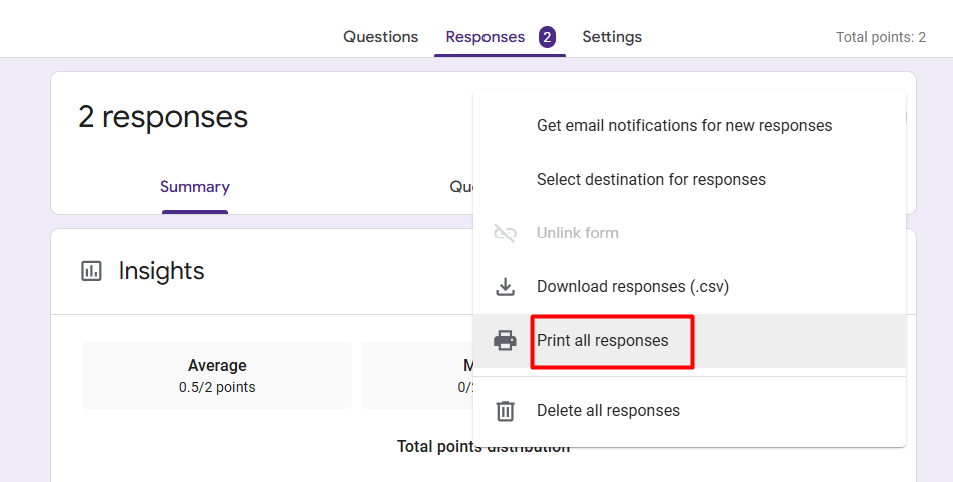 red rectangle highlighting Print all responses option in Google Forms responses menu
