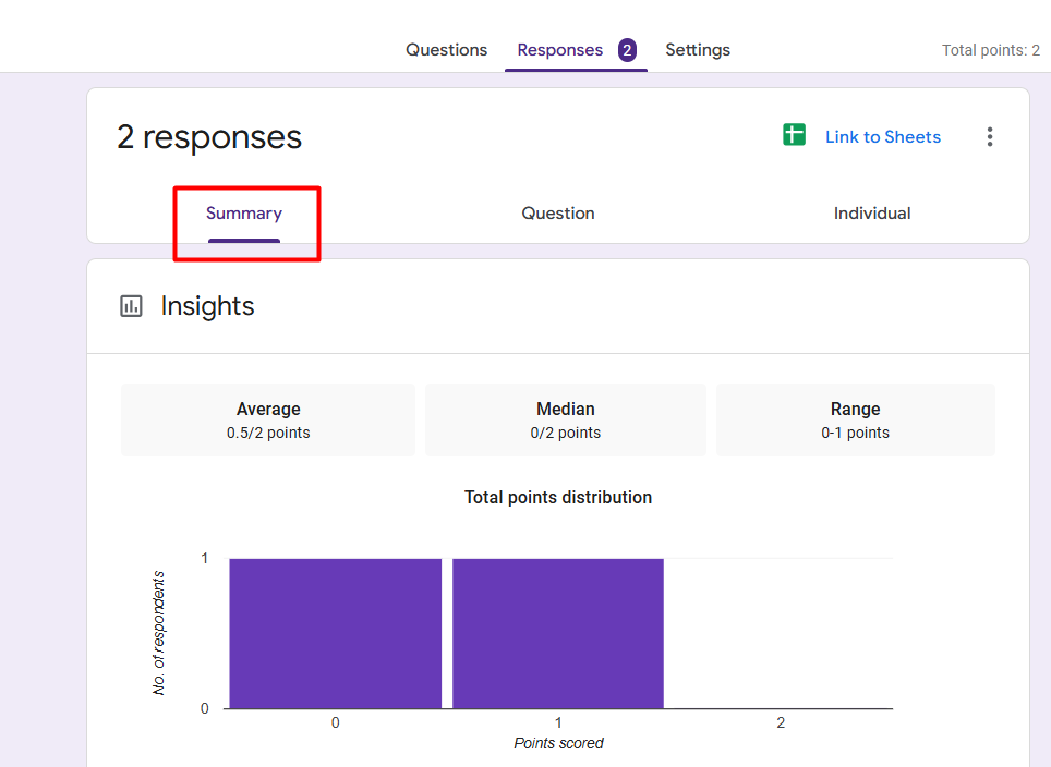 red rectangle highlighting Summary tab under responses section in Google Forms