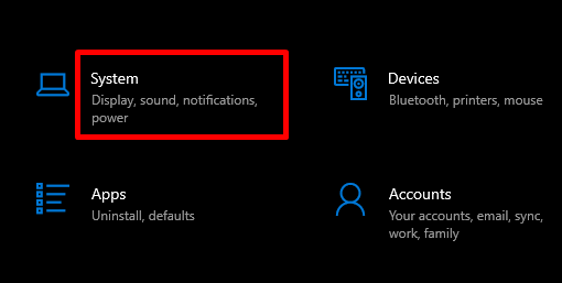red rectangle highlighting System option in Windows settings