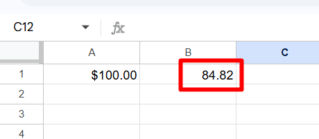 red rectangle highlights 84.82 in a cell of a Google Sheet