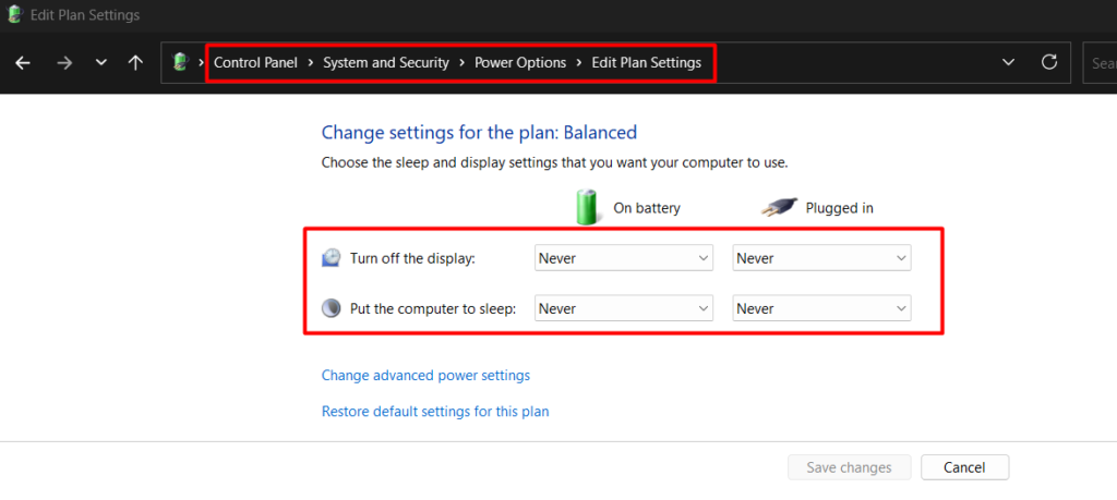 red rectangle highlights Change plan settings in Control Panel power options
