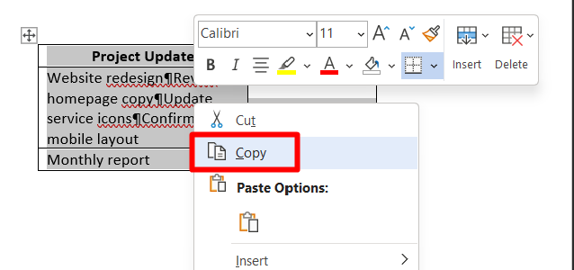 red rectangle highlights ‘Copy’ in a pop-up in a MS Word