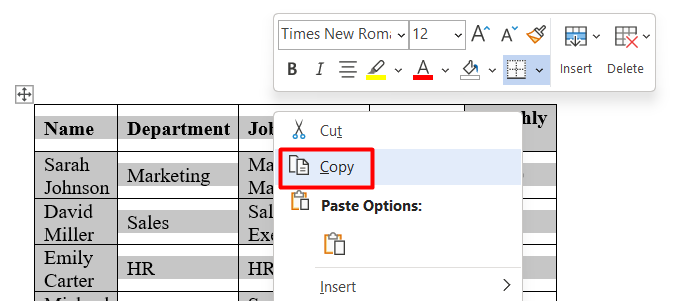 red rectangle highlights ‘Copy’ in a pop-up in Word document