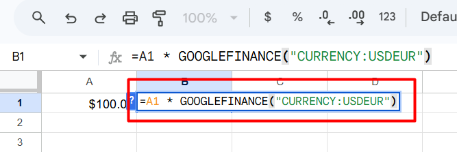 red rectangle highlights currency exchange formula in Google Sheet