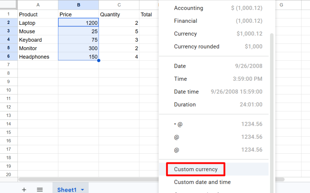 red rectangle highlights “Custom currency”