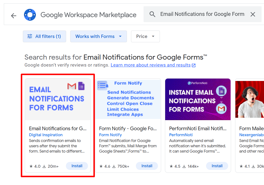 red rectangle highlights “Email Notifications for Google Forms” in the Google Workspace Marketplace