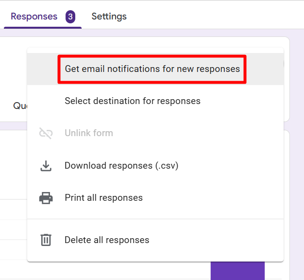 red rectangle highlights “Get email notifications for new responses”