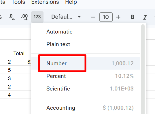 red rectangle highlights ‘Number’ in dropdown menu