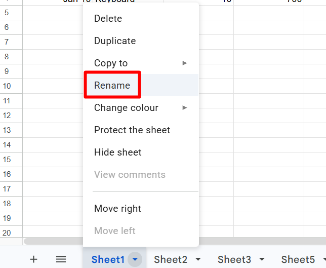 red rectangle highlights ‘Rename’ option in the menu