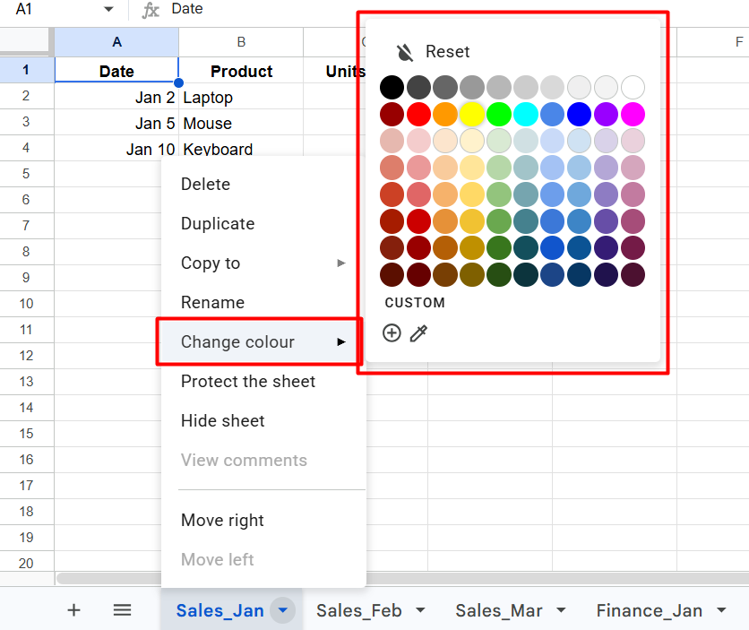 red rectangle highlights the “Change color” option in the menu