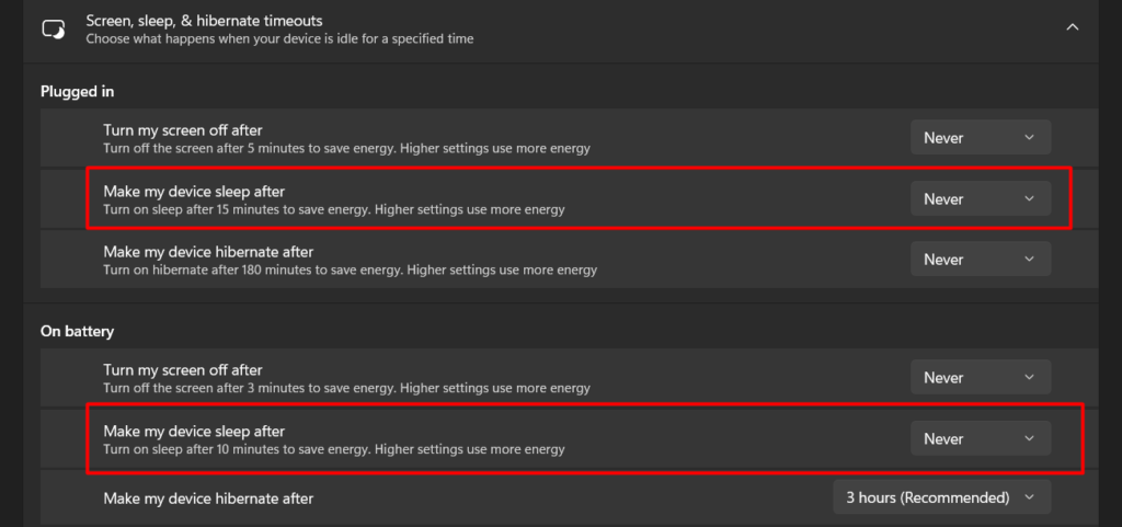 red rectangle highlights the “Make my device sleep after” is set to Never for Plugged in and On battery
