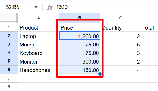 red rectangle highlights the prices in a Google sheet
