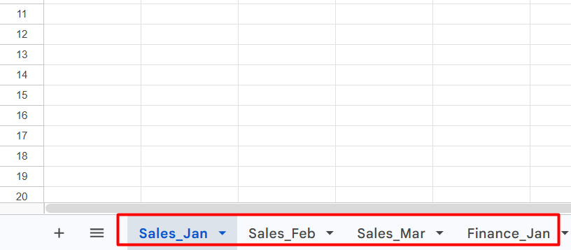 red rectangle highlights the structured sheet names in Google Sheets
