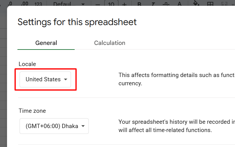 red rectangle highlights “United States” as Locale in Google Sheet