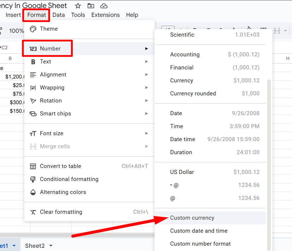 red rectangles highlight ‘Format’ and ‘Number’ and a red arrow pointing to “Custom currency” in the Google sheet