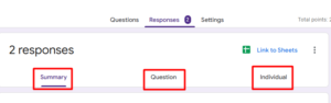 red rectangles highlighting Summary Question and Individual tabs under responses section