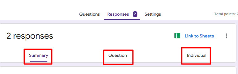 red rectangles highlighting Summary Question and Individual tabs under responses section