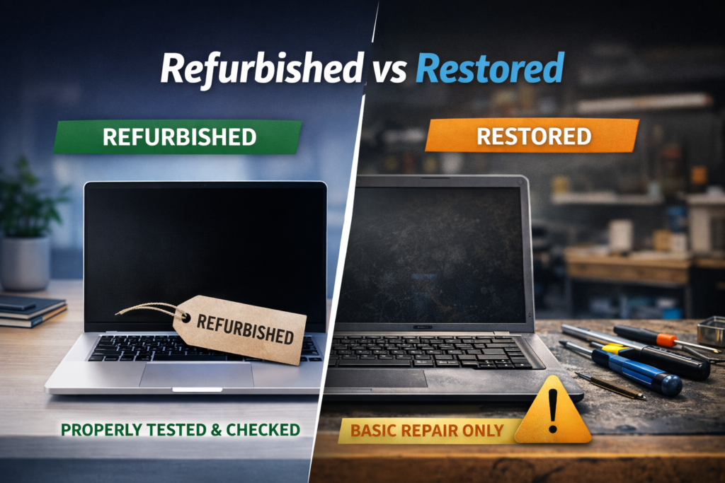 refurbished vs restored laptop comparison showing tested refurbished device and basic repair restored laptop