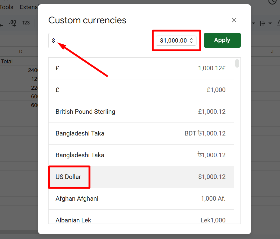 select US Dollar from custom currencies list in Google Sheets