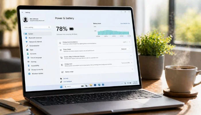 Laptop on a wooden desk displaying Windows Settings Power & battery page showing 78% battery, beside a potted plant and steaming coffee cup in sunlight