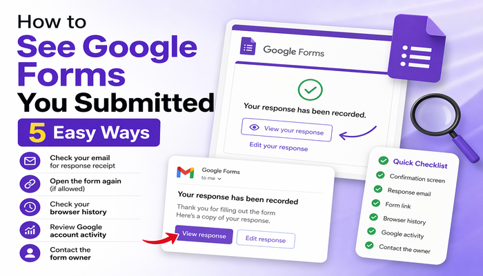 Featured image showing how to find a submitted Google Form using response links, email receipts, browser history, Google activity, and the form owner.