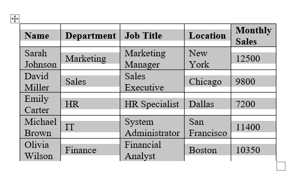 table data is selected in a Word file
