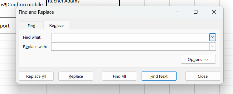 The Find and Replace dialog box is opened in Excel
