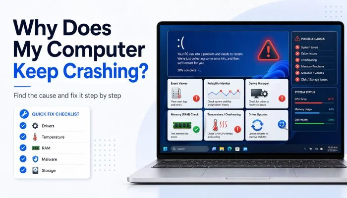Featured image showing a laptop with a Windows crash screen, crash-diagnostic tools, and a quick-fix checklist for drivers, temperature, RAM, malware, and storage issues.