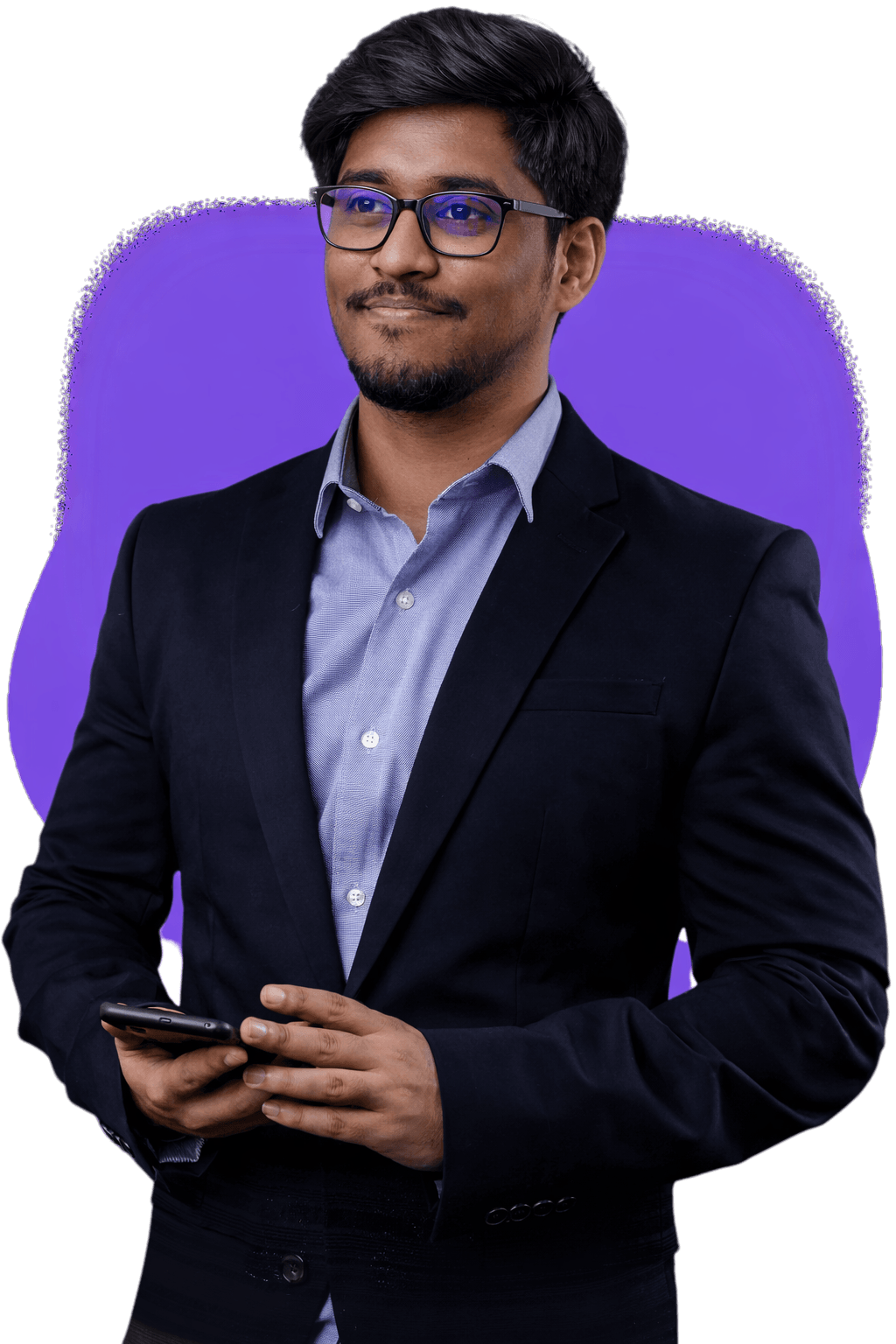 Prokhor Sikder in a blazer holding a smartphone and looking to the side against a purple background