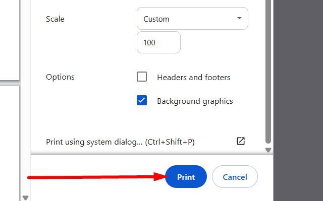 Print button in the Google Form print dialog