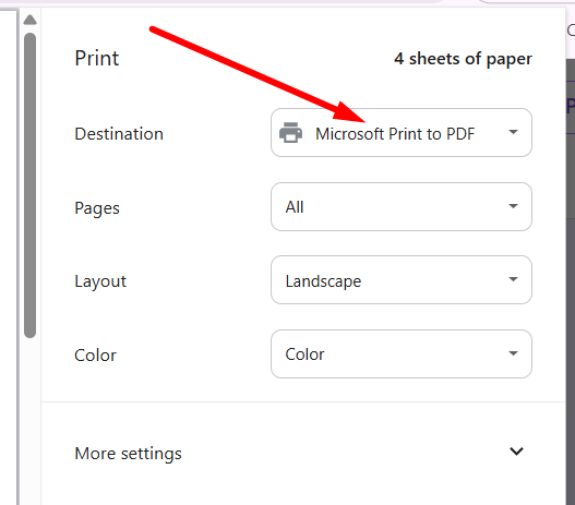 Chrome print dialog showing the printer destination option
