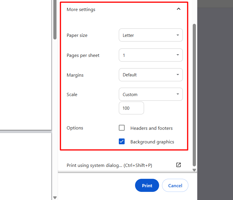 More settings in the Google Form print dialog showing paper size, margins, and scale
