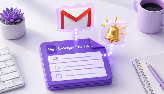 3D illustration of a Google Forms survey card connected to Gmail and notification bell icons, placed on a desk with keyboard, notebook, coffee mug, pen, and potted flower.