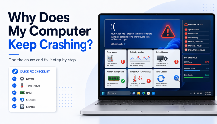 Featured image showing a laptop with a Windows crash screen, crash-diagnostic tools, and a quick-fix checklist for drivers, temperature, RAM, malware, and storage issues.